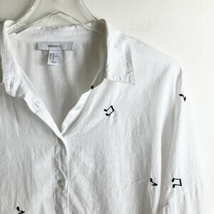 Forever 21 2X Blouse Embroidered Music Note White Tab Sleeve Shirt Top
